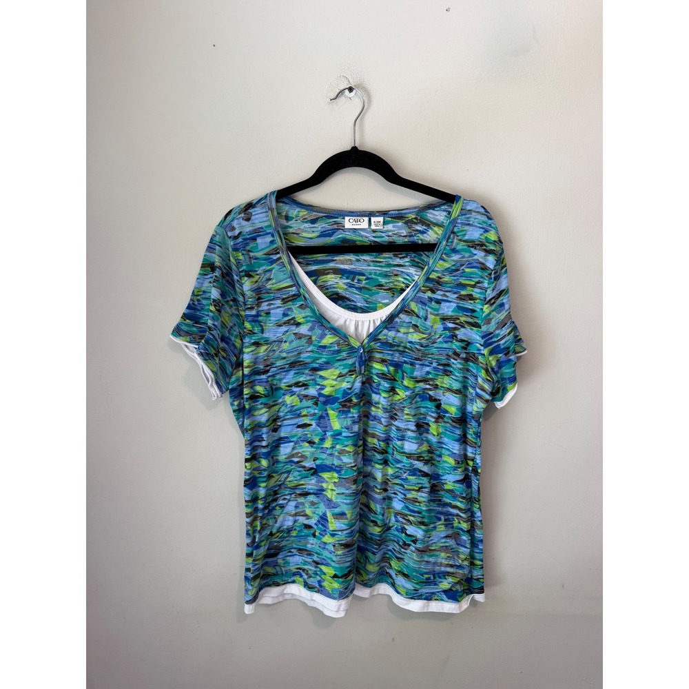 Cato Woman Blue Green Abstract Layered Look V-Neck Short Sleeve Top 18/20W